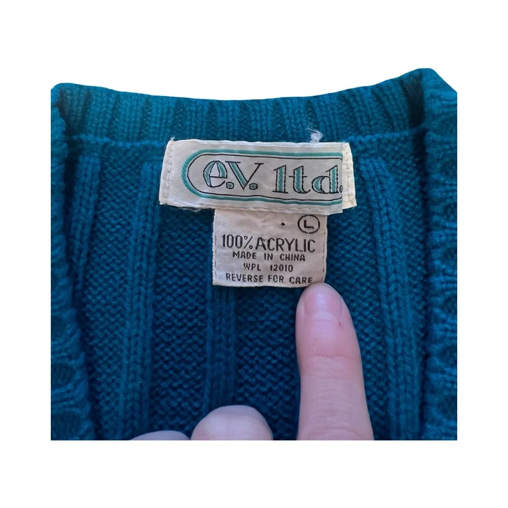 Vintage E.V. Ltd Blue Cable Knit Cardigan Vest‎ Womens Large V-Neck Button Front